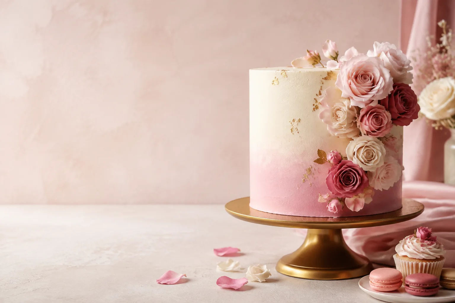 Pink and ivory floral cake with gold details